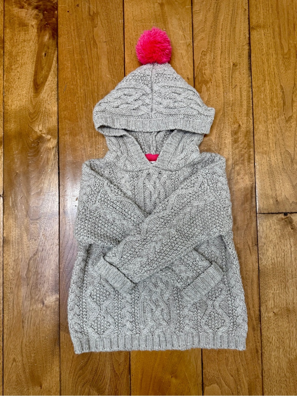 Mini Boden Heather Oatmeal Cable Knit Hooded Sweater Pink Pom Pom 5-6Y